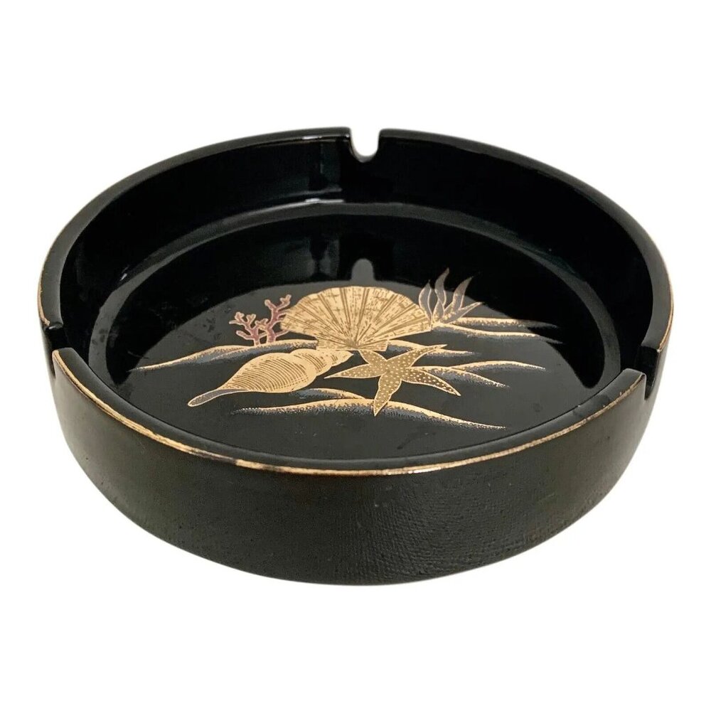 Vintage Otagiri Japan Black and Gold Shell Design Round Ashtray